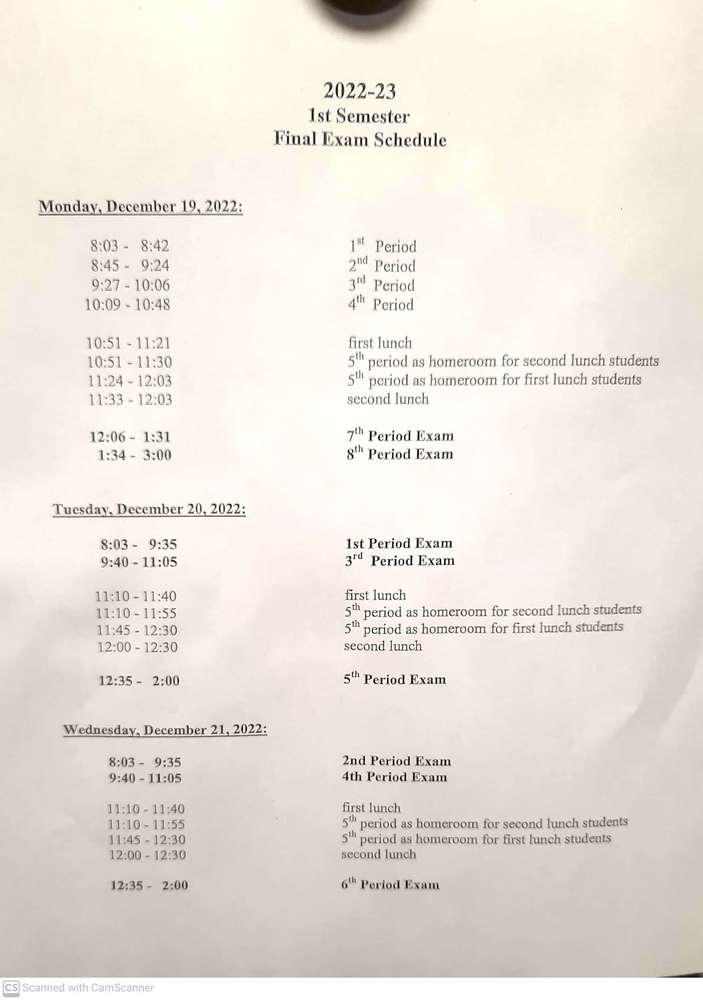 final exam schedule Dec 2022