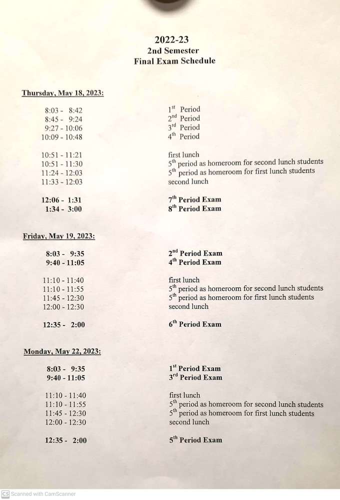 Final exam schedule May 2023