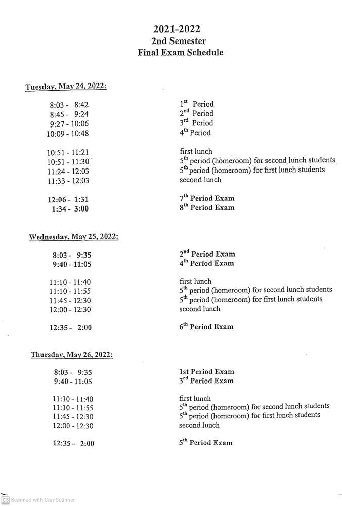 Final exam schedule May 2022